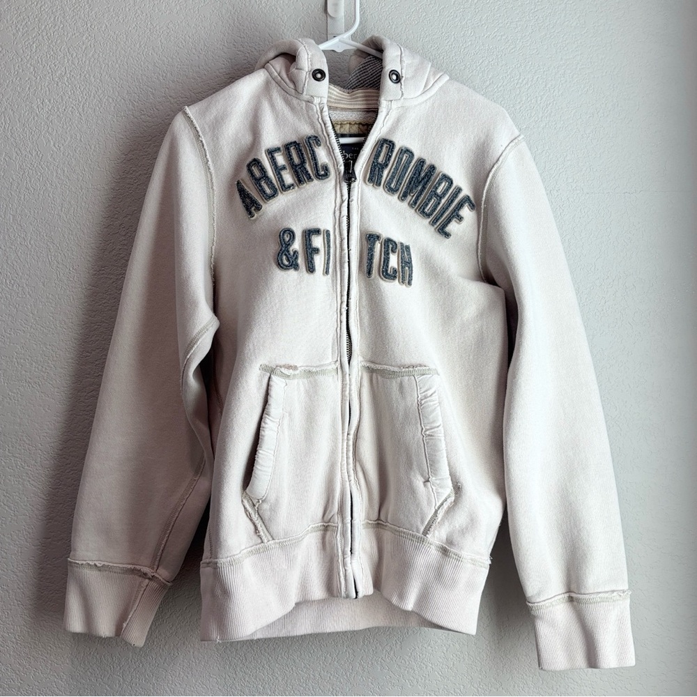 Men’s Y2K Abercrombie & Fitch Cream Full Zip Up Hoodie Sweatshirt Vintage Small